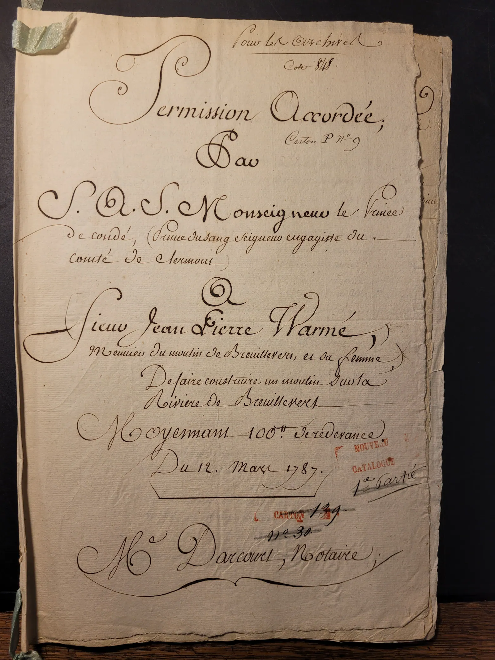 Autorisation de création d'un nouveau moulin, 12 mars 1789